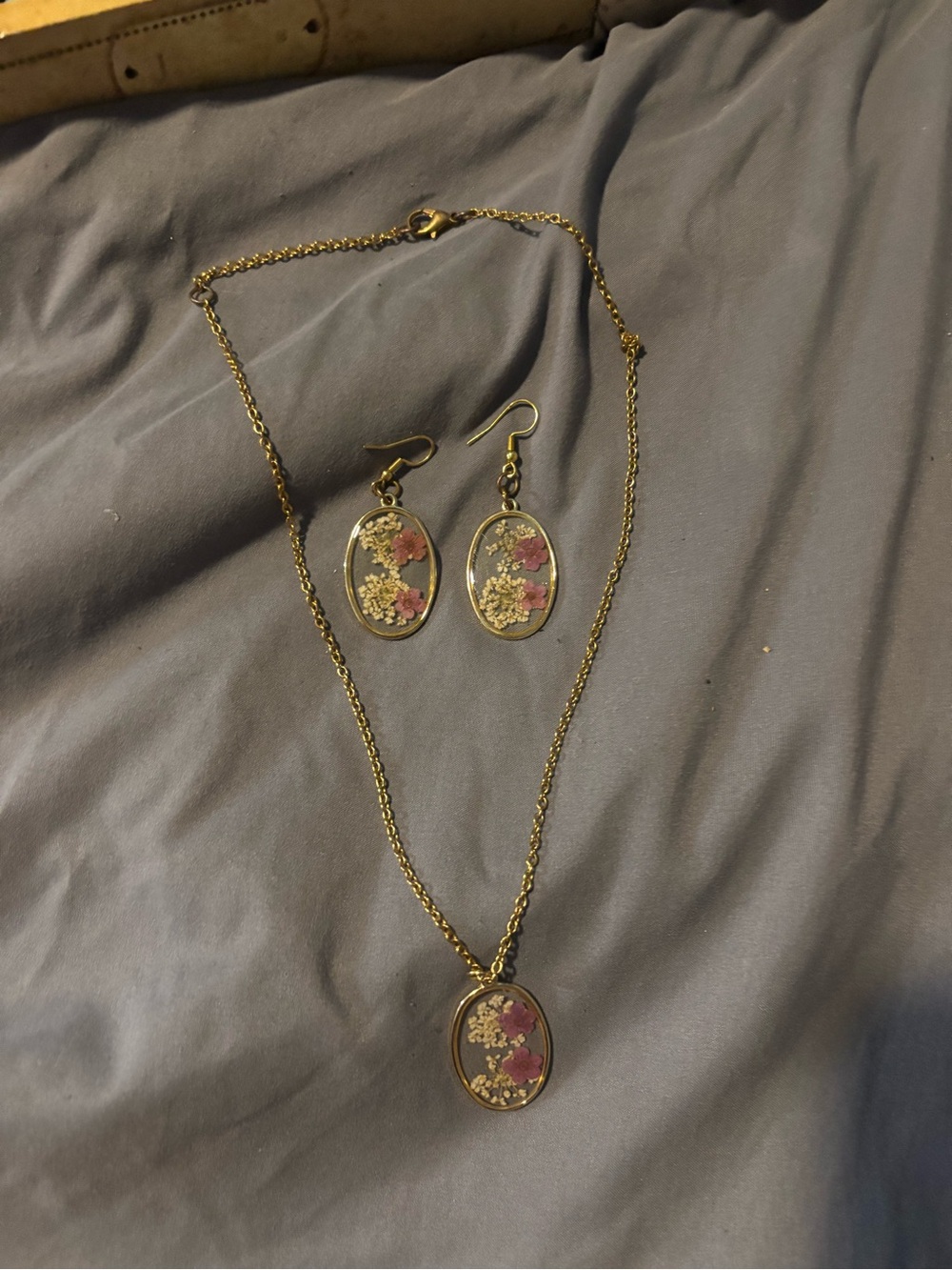 Floral Resin Oval Pendant Necklace & Earrings - Pink Gold Tone